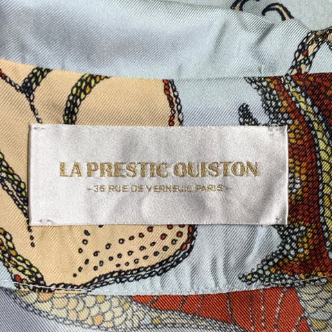 LA PRESTIC OUISTON Size S Blue Multi Color Silk Dragons Belted Shirt Dress