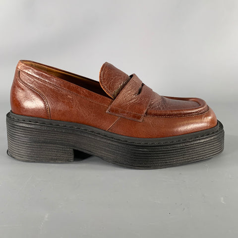 MARNI Size 9 Brown Leather Square Toe Flats Chuncky  Shoes