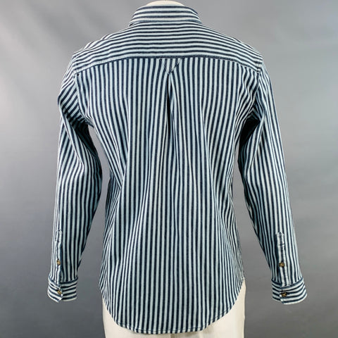DUBBLE WARE Size L Blue Navy Stripe Cotton Patch Pockets Long Sleeve Shirt