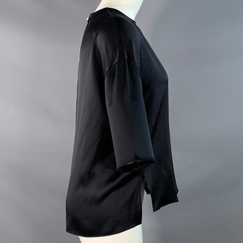 VINCE Size XS Black Silk Satin Short Sleeve Crew Neck Casual Top
