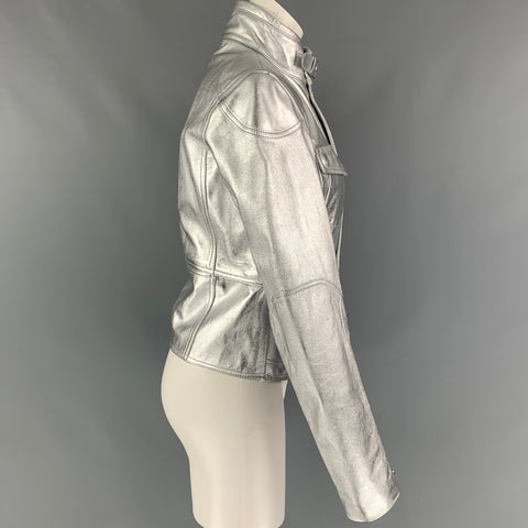 RALPH LAUREN Black Label Size M Silver Leather Metallic Lambskin Jacket