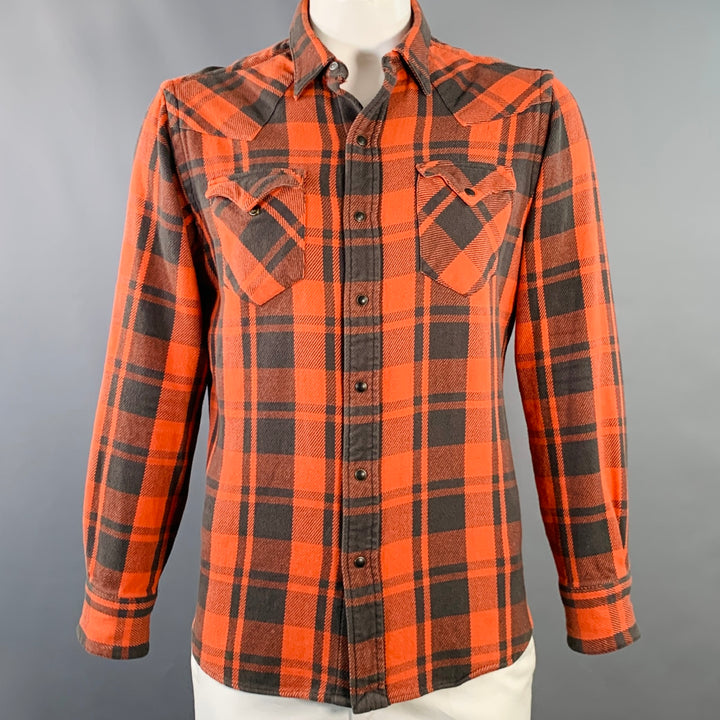 POLO by RALPH LAUREN Size L Orange Black Plaid Cotton Snaps Western Long Sleeve Shirt