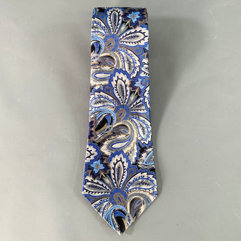 ERMENEGILDO ZEGNA Blue Silver Black Abstract Floral Silk Satin Tie