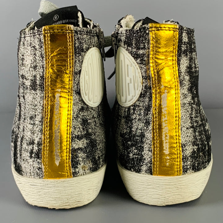 GOLDEN GOOSE Size 8 Black Silver Canvas Marbled High Top Sneakers