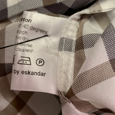 ESKANDAR Size L White Brown Cotton Grid Oversized Hidden Buttons Shirt
