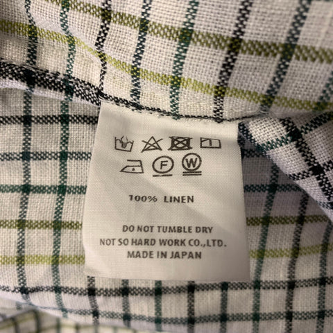 TS (S) Size M White Green Black Check Linen Pointed Collar Long Sleeve Shirt