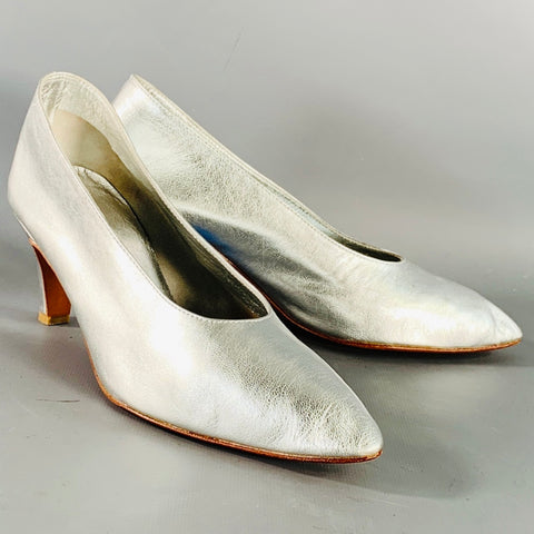 MARTINIANO Size 7.5 Metallic Silver Kidskin Leather Pointed Toe Pumps