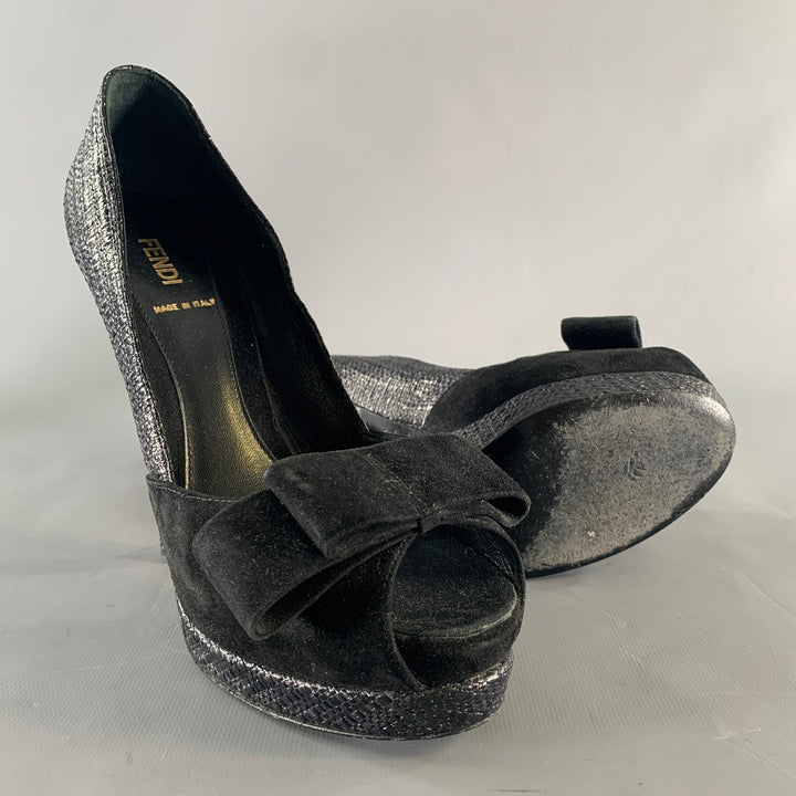 FENDI Size 8.5 Black Raffia Woven Platform Pumps