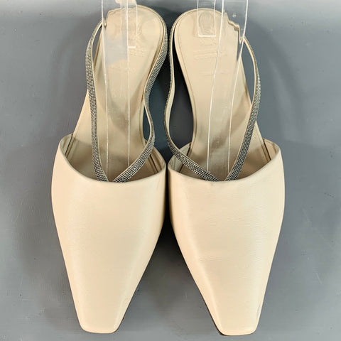 BRUNELLO CUCINELLI Size 10 Beige Silver Leather Monili Slip On Flats