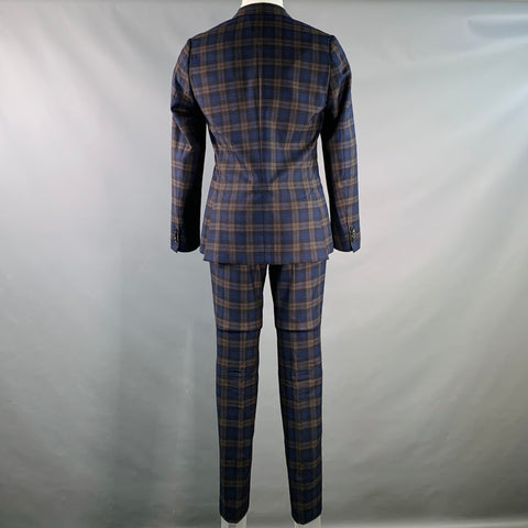 Costume croisé en laine à revers crantés PAUL SMITH, taille 38, motif écossais bleu marine et marron