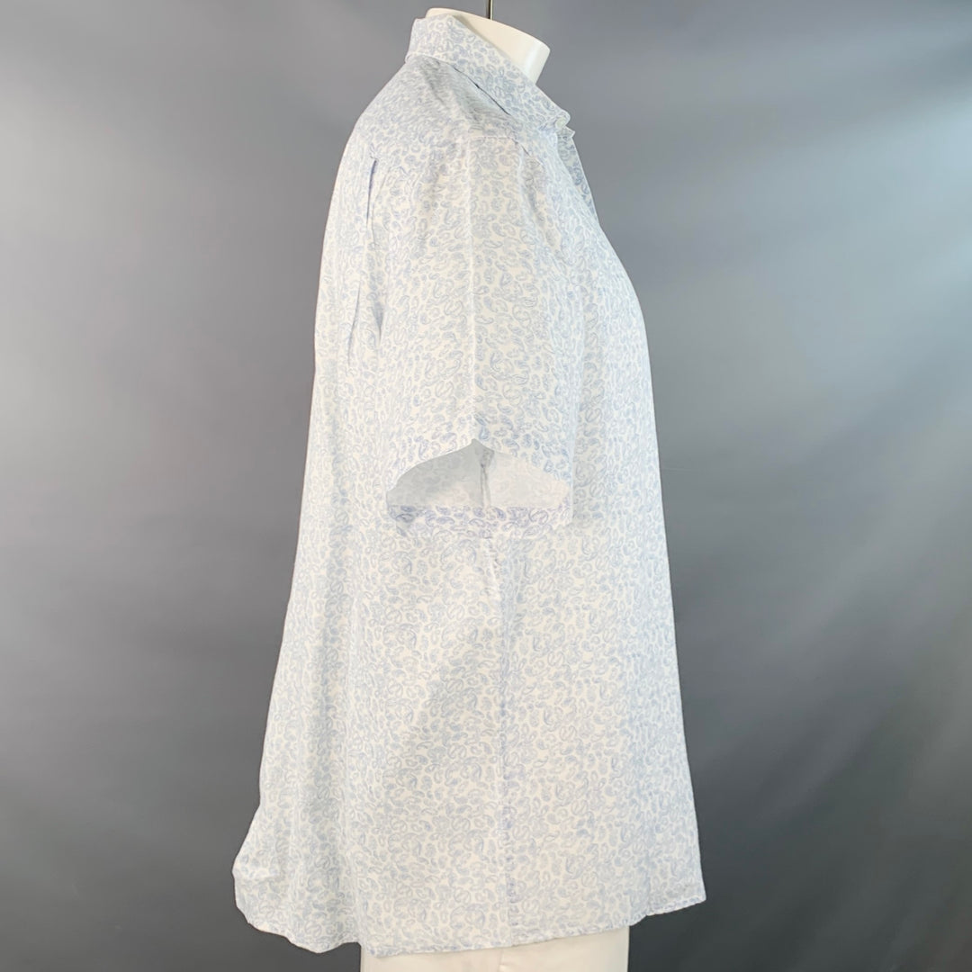 SAKS FIFTH AVENUE Size L White Blue Paisley Linen One Pocket Short Sleeve Shirt