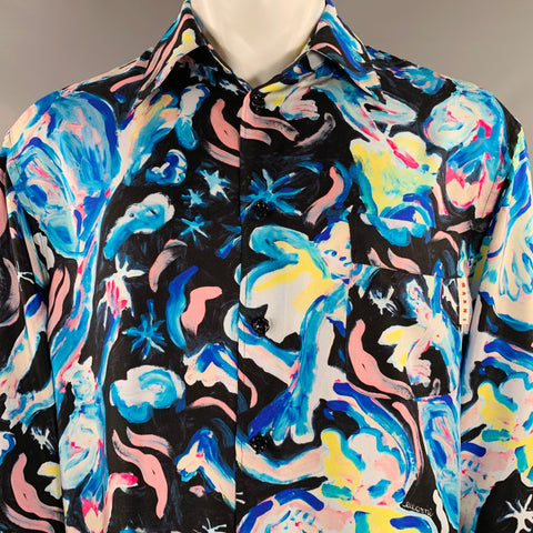 MARNI Size 40 Flaminia Veronesi Blue Black Print Silk Button Up Long Sleeve Shirt
