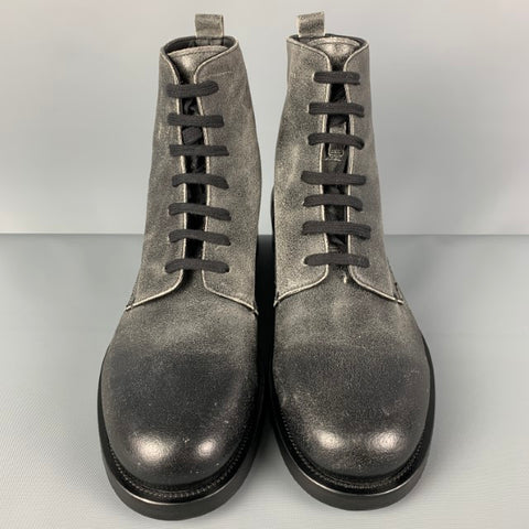 EMPORIO ARMANI Size 10 Black Distressed Leather Lace-Up Boots