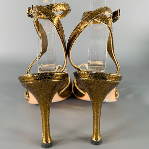 MANOLO BLAHNIK Size 8 Gold Leather Crackled Beaded Sandals