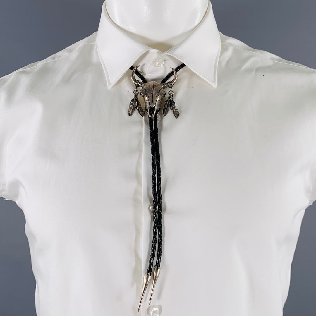 THE HELLDORADO Silver Black Braided Leather Metal Bolo Tie
