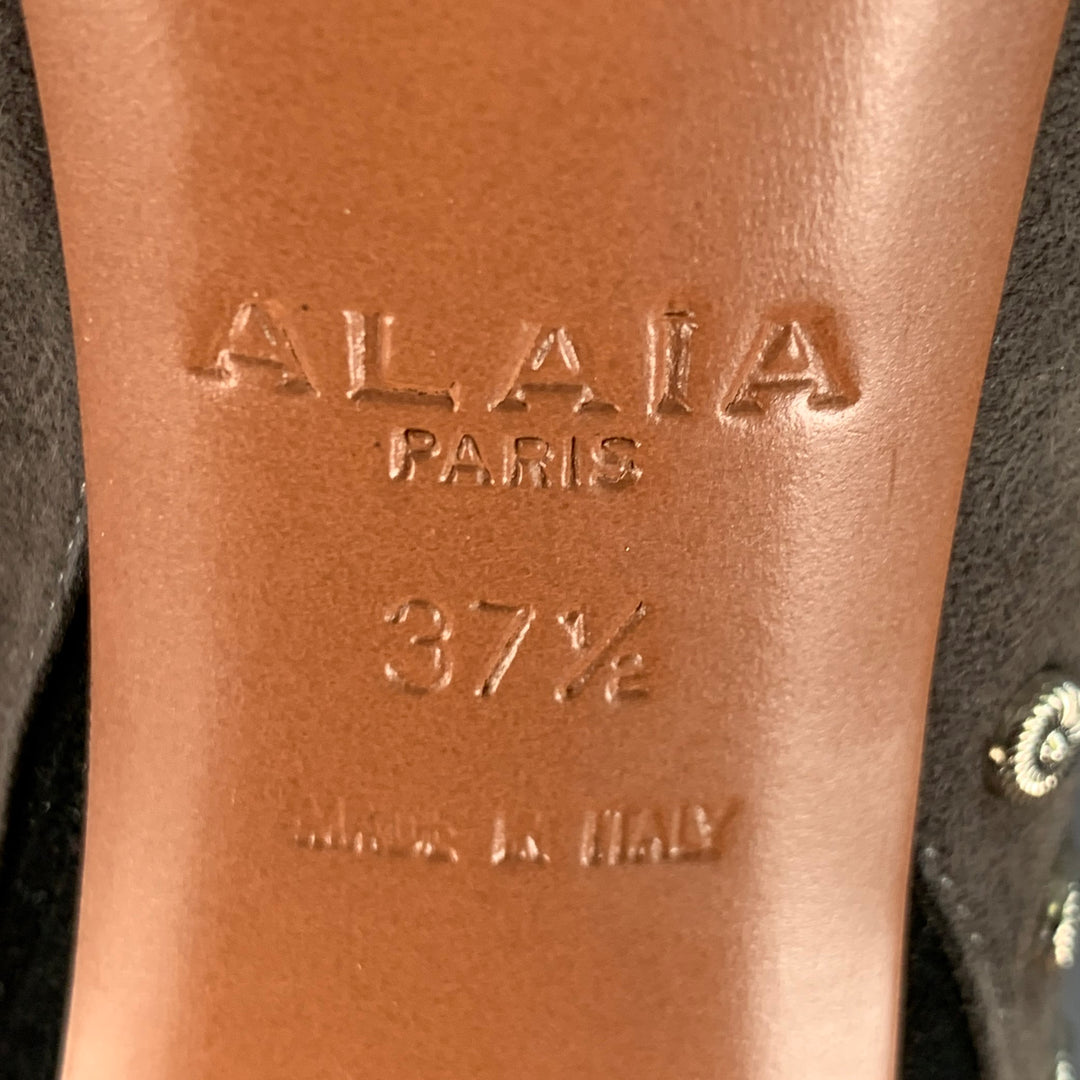 ALAIA Size 7.5 Black Grey Studded Suede Back Zipper Stiletto Booties