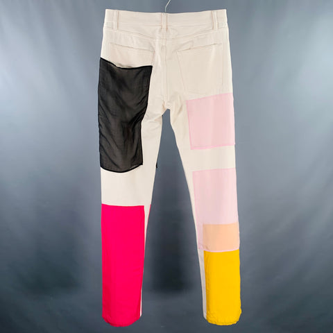 HELMUT LANG Size 32 White Multi-Color Patchwork Cotton Silk Zip Fly Jeans