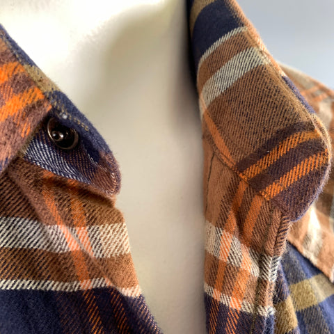 BARBOUR Size L Orange Navy Plaid Cotton Pointed Collar Long Sleeve Shirt