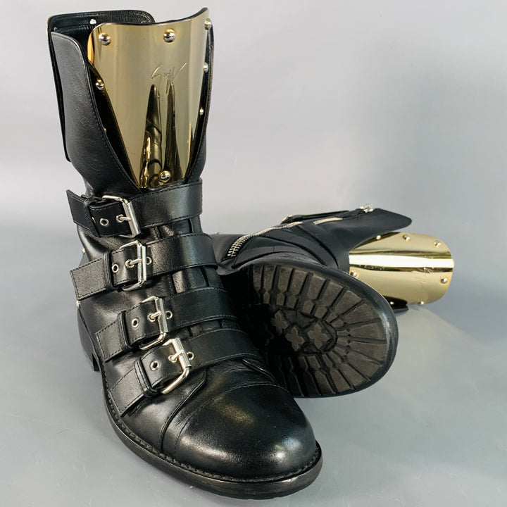 GIUSEPPE ZANOTTI Size 7 Black Gold Leather Metal Buckles Lace-Up Zipper Boots