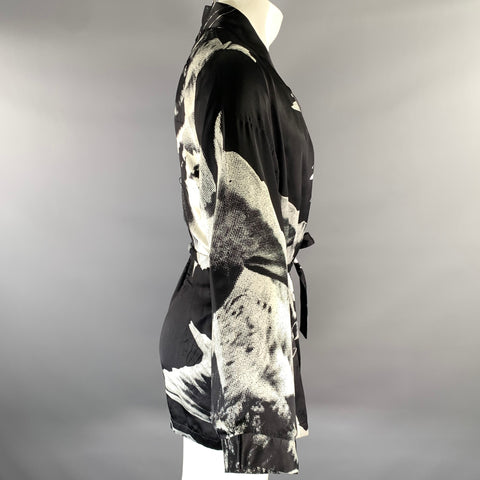 ANN DEMEULEMEESTER Size S Black White Floral Silk Belted Wrap Cardigan