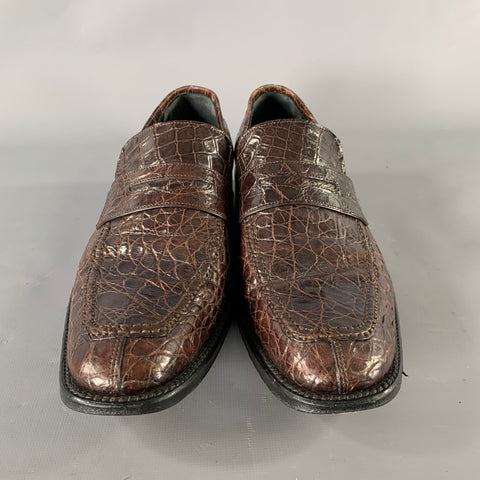 SALVATORE FERRAGAMO Size 8.5 Brown Embossed Leather Slip On Loafers