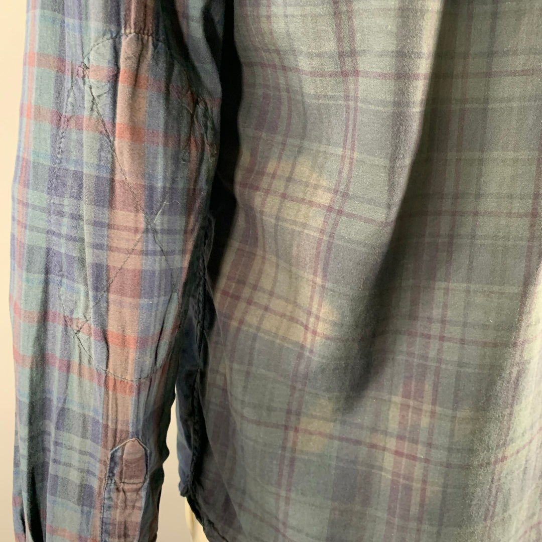 WOOLRICH Size L Navy Green Plaid Cotton Band Collar Long Sleeve Shirt