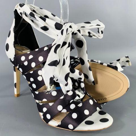 GIANNI BINI Size 6.5 Black White Satin Polka Dot Strappy Sandals