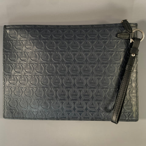 FERRAGAMO Navy Monogram Leather Wristlet Bag