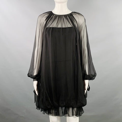 ALBERTA FERRETTI Size 4 Black Silk Ruffled Bishop Sleeve Mini Dress
