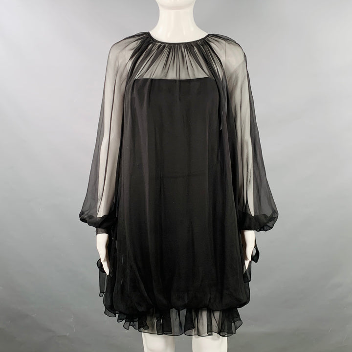 ALBERTA FERRETTI Size 4 Black Silk Ruffled Bishop Sleeve Mini Dress