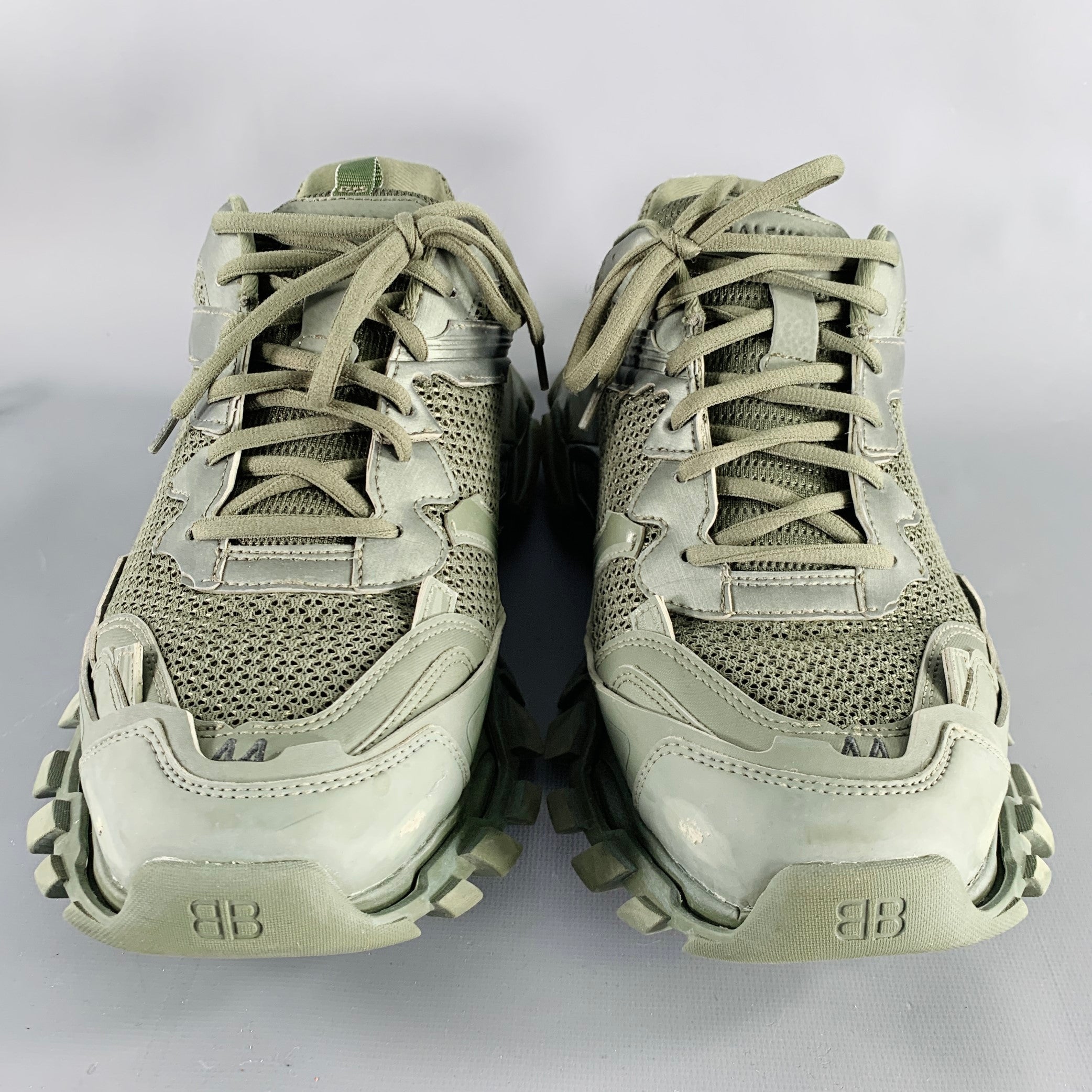 BALENCIAGA Size 11 Track 3 Green Olive Leather Nylon Lace-Up
