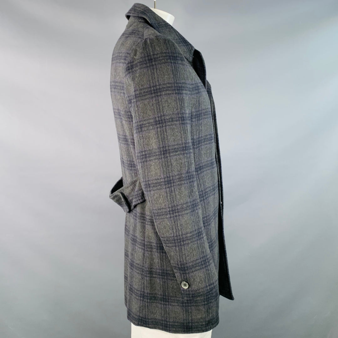 ISAIA Size 38 Grey Purple Plaid Cashmere Single Breasted Hidden Buttons Coat