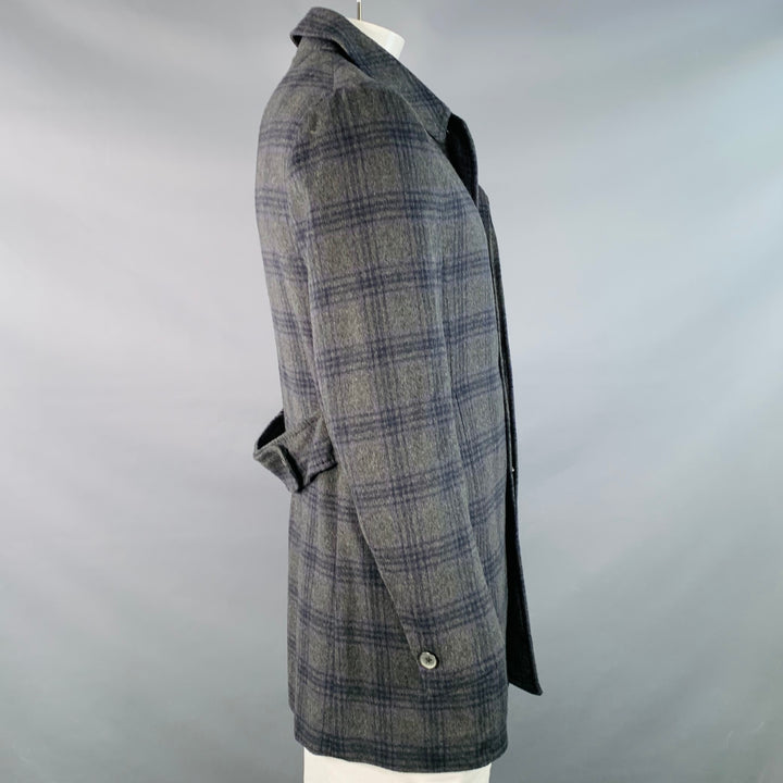 ISAIA Size 38 Grey Purple Plaid Cashmere Single Breasted Hidden Buttons Coat