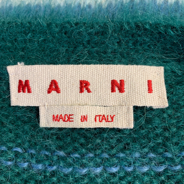 MARNI Size 6 Green Blue White Mohair Blend Stripe V-Neck Cardigan