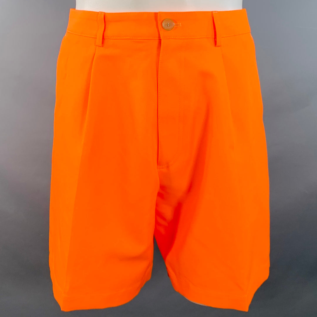 WALTER VAN BEIRENDONCK SS22 Size 32 Korova Neon Orange Polyester Pleated Zip Fly Shorts