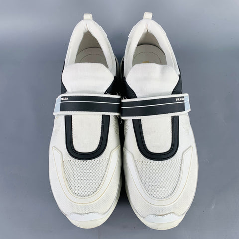 PRADA Size 9.5 White Black Mesh Rubber Hook Loop Sneakers