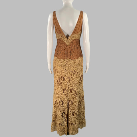 VINTAGE Size 6 Brown Tan Lace Beaded Sleeveless Evening Gown