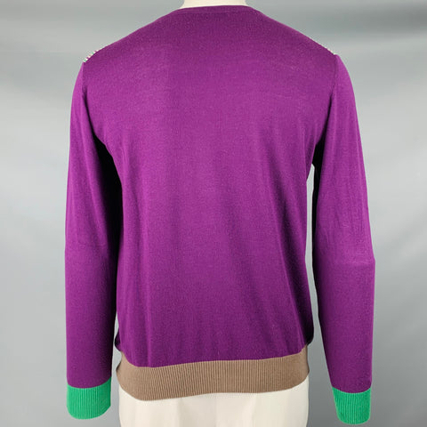 ETRO Size XL Purple Green Knit Cotton Cashmere V-Neck Pullover