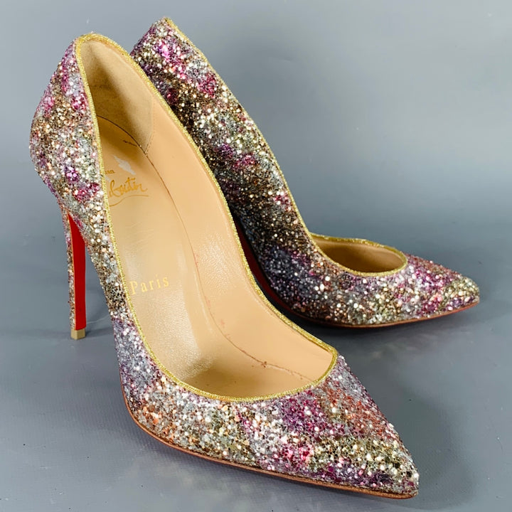 CHRISTIAN LOUBOUTIN Size 4.5 Silver Pink Glitter Stiletto Pumps