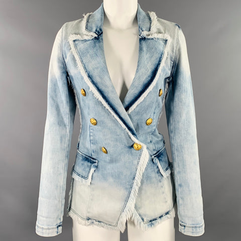 L'AGENCE Size XS Blue Cotton Blend Denim Double Breasted Peak Lapel Jacket