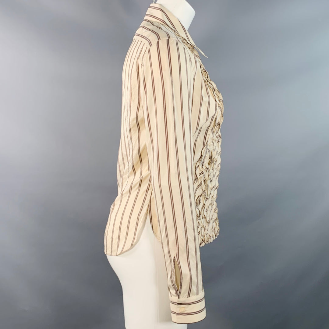 BRIONI Size M Cream Brown Silk Stripe Ruffled Blouse