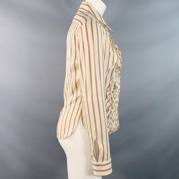 BRIONI Size M Cream Brown Silk Stripe Ruffled Blouse