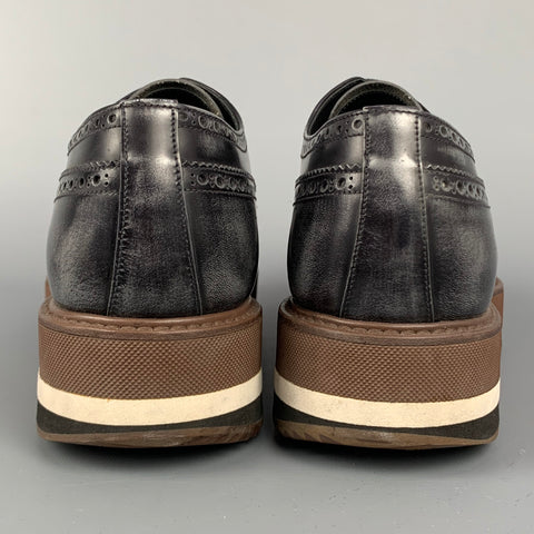 PRADA Size 10.5 Black & Brown Perforated Leather Platform Lace Up Shoes