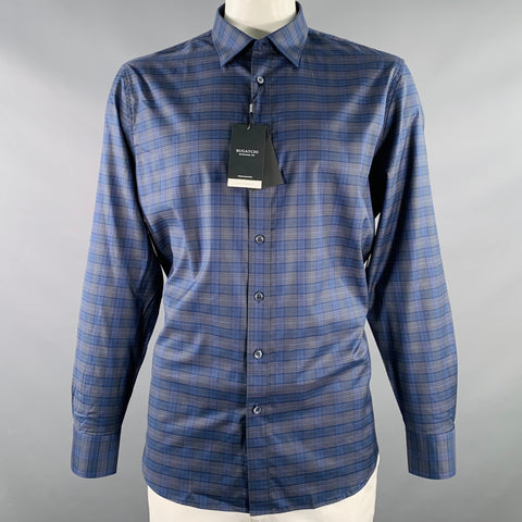 BUGATCHI Size XL Blue Grey Plaid Cotton Blend Long Sleeve Shirt