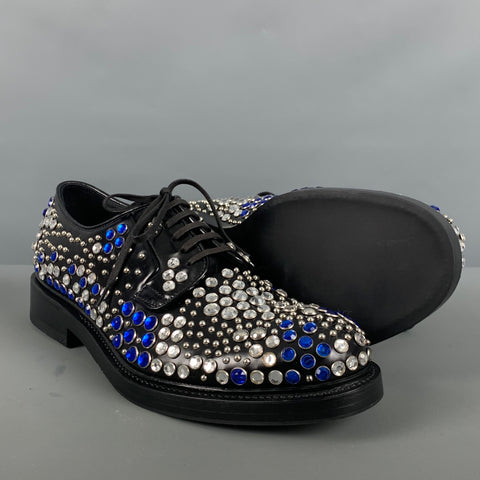 PRADA Size 9 Black Silver & Blue Studded Leather Lace-Up Shoes