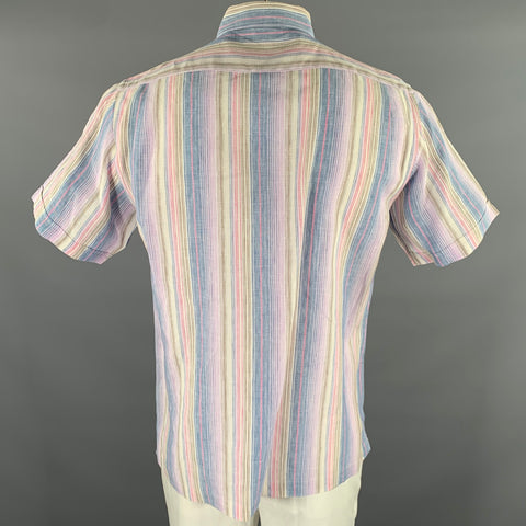 NEIMAN MARCUS Size L Blue Pink Purple Stripe Linen Short Sleeve Shirt