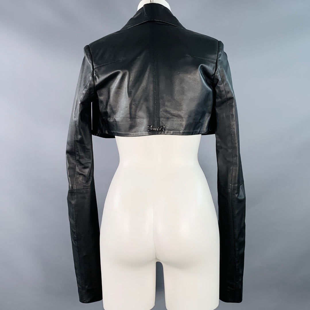 4G Size 0 Black Leather Cropped Large Lapel Open Front Jacket Blazer