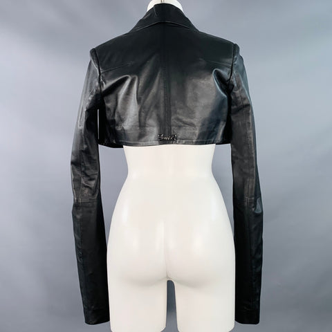 4G Size 0 Black Leather Cropped Large Lapel Open Front Jacket Blazer