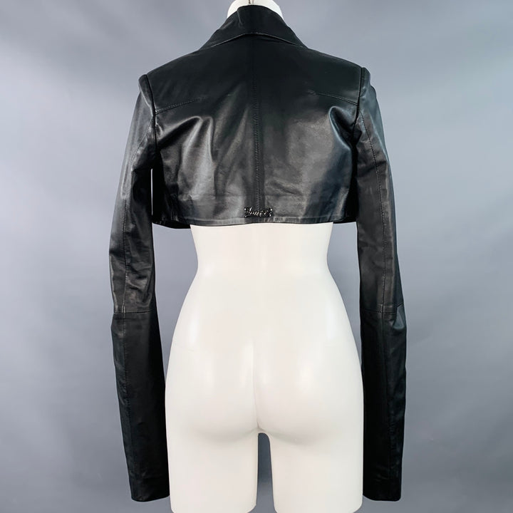 4G Size 0 Black Leather Cropped Large Lapel Open Front Jacket Blazer