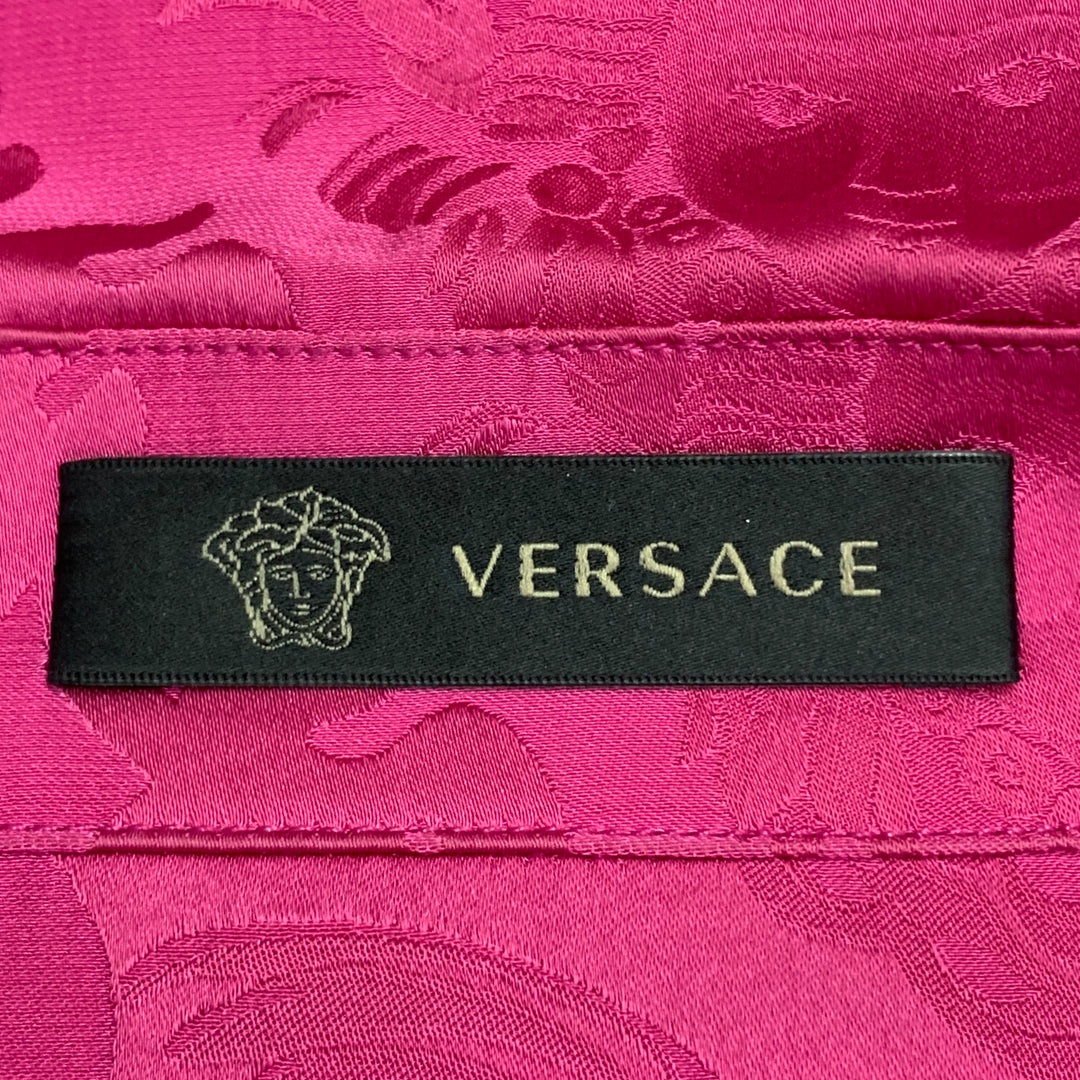 VERSACE Size S Pink Fuchsia Damask Silk Camp Short Sleeve Shirt